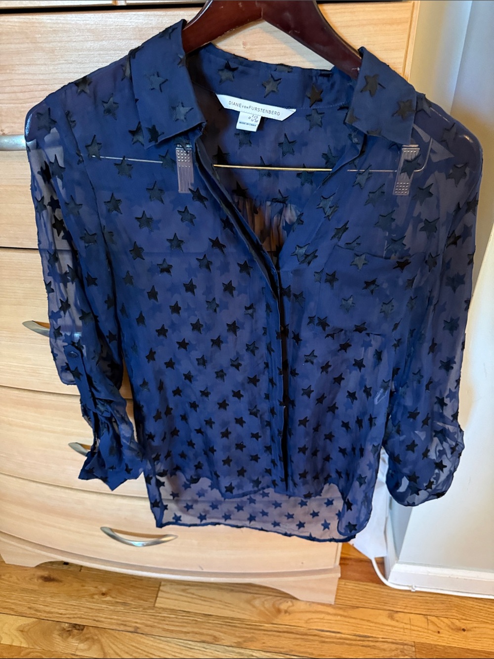 Diane von Furstenberg Navy Sheer Star-Print Button-Down